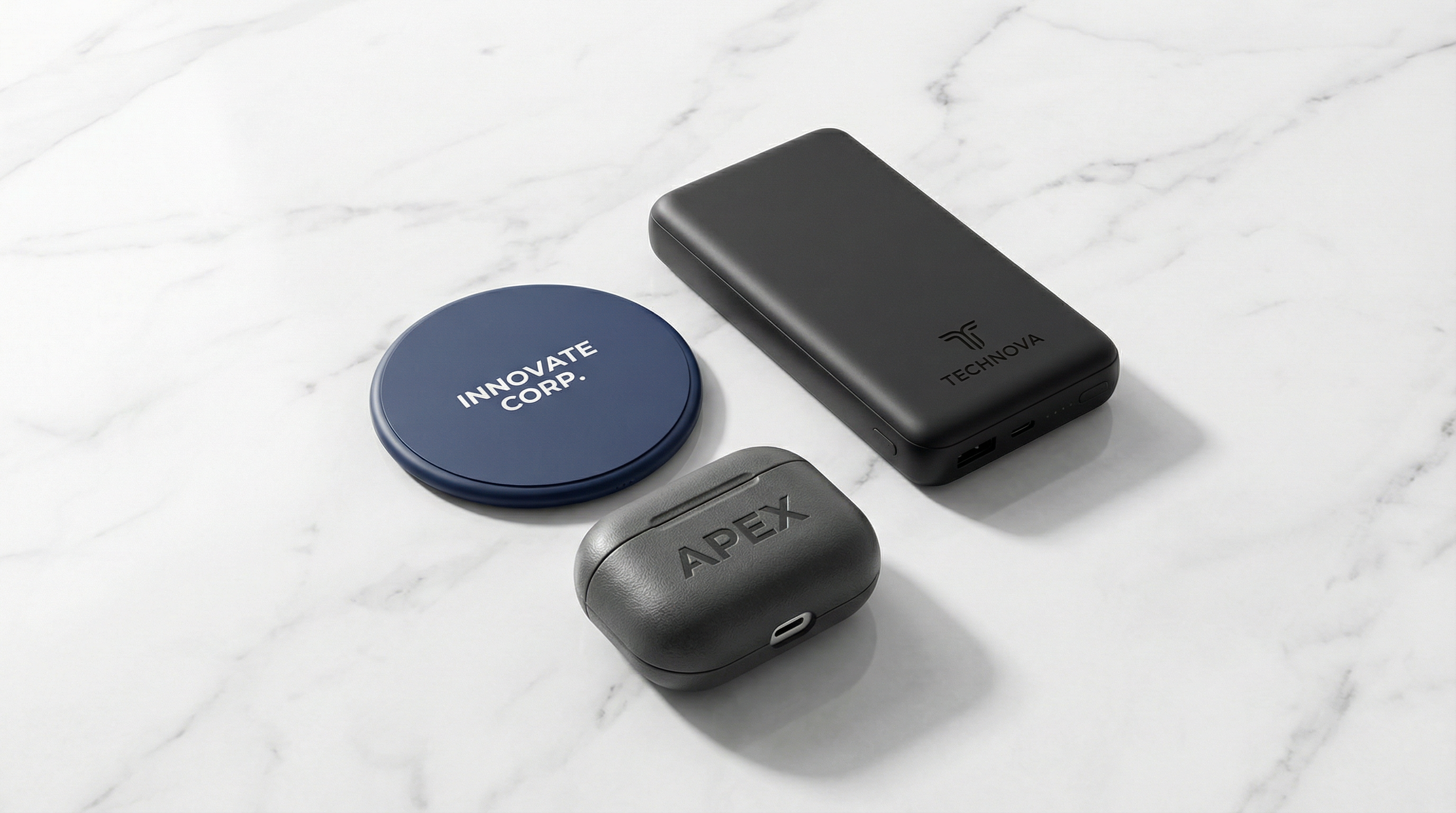 Collection of custom branded tech accessories including power bank, wireless charger and earbuds case with corporate logos