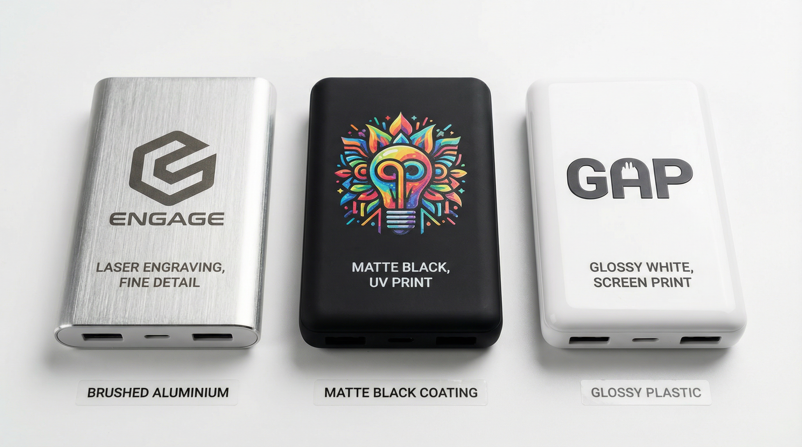 Three power banks showing different material finishes: brushed aluminium, matte black and glossy white with corresponding branding methods