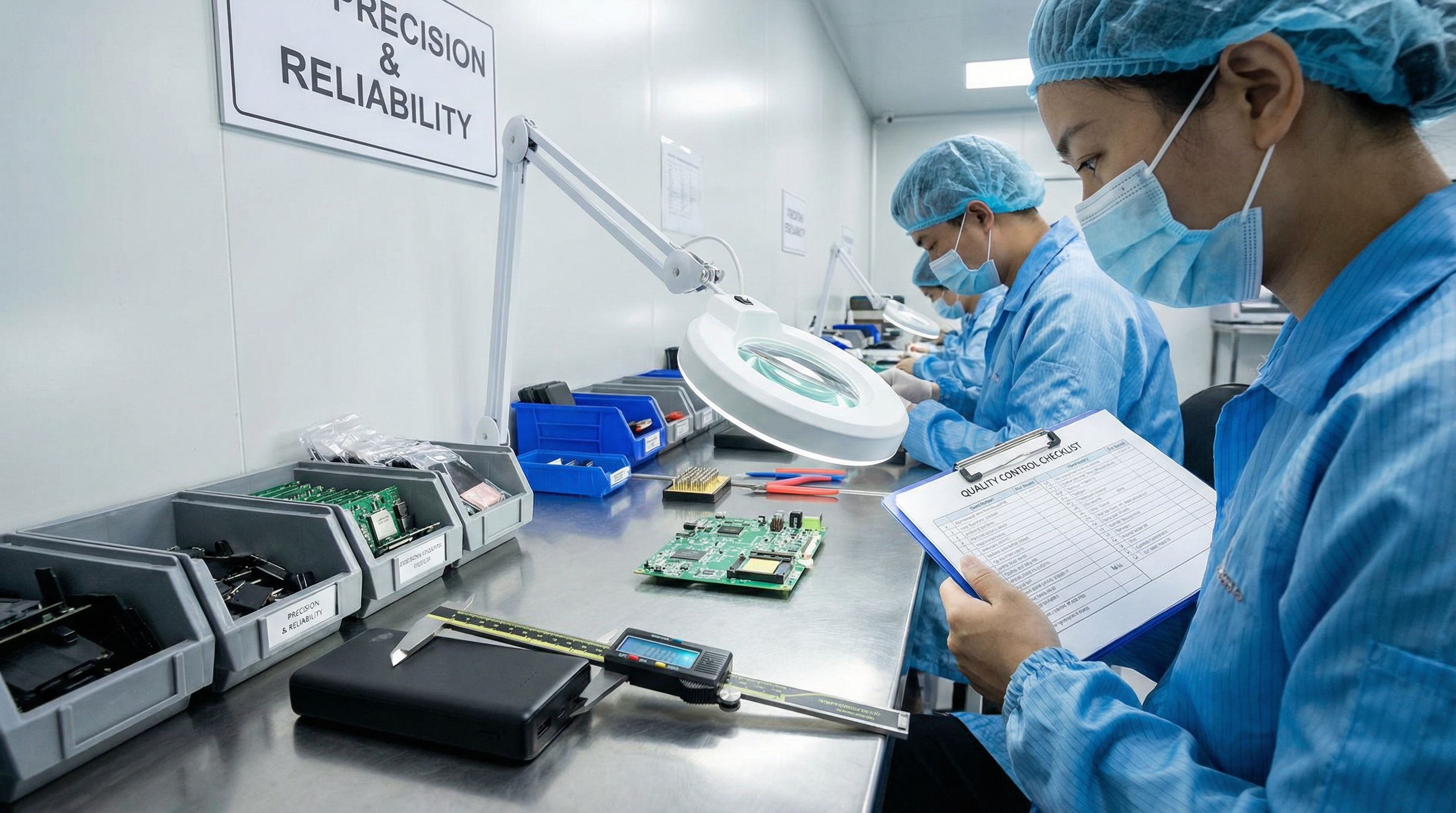 Quality control inspection station in electronics manufacturing facility with workers checking product specifications